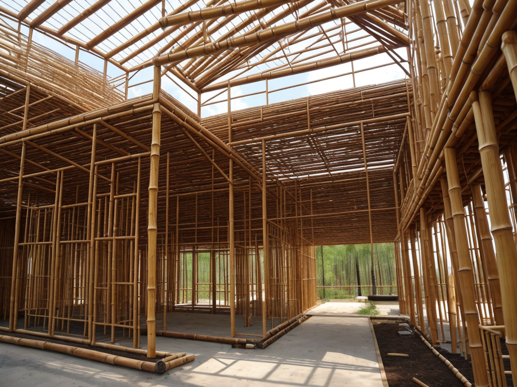 Images of bamboo construction, recycled steel, and plant-based insulation